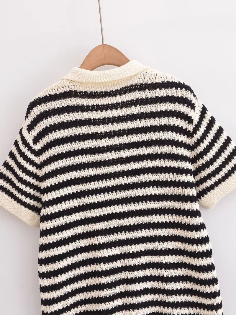 2025 Women’s Striped Knit Cotton T-Shirt Polo Collar Short Sleeve Casual Spring Summer Daily Street Weekend Wear