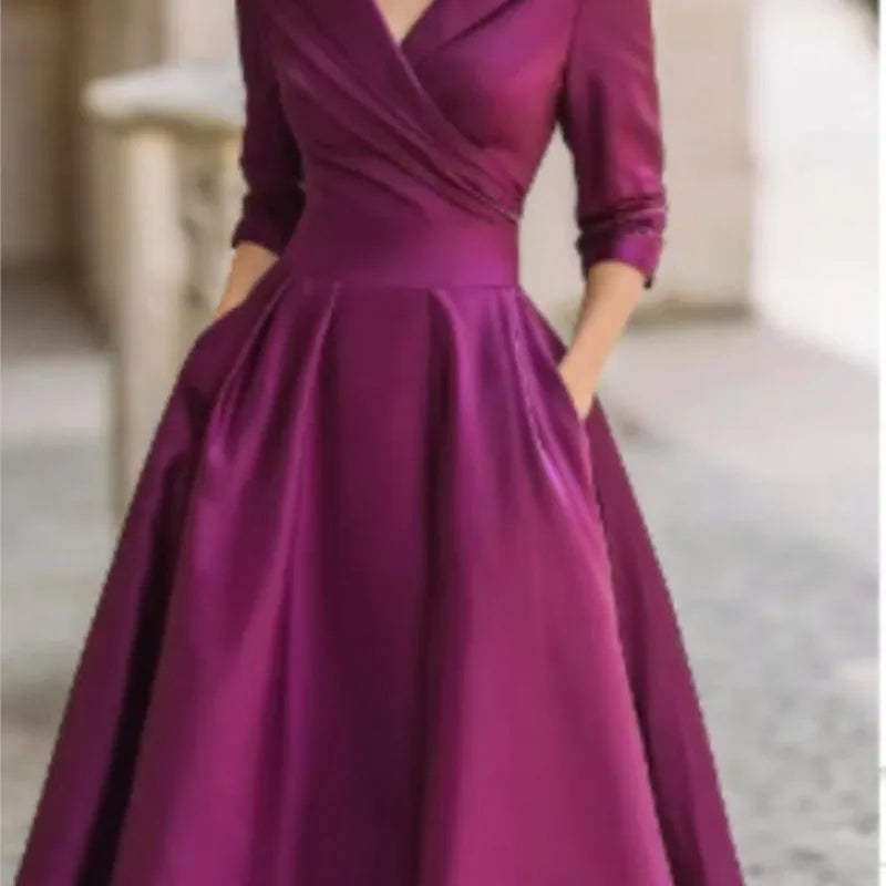 Women Elegant Wedding Guest Dress Turndown Collar Mid-Length Waisted A-Line Evening Dress Cocktail Party Satin Midi Dresses