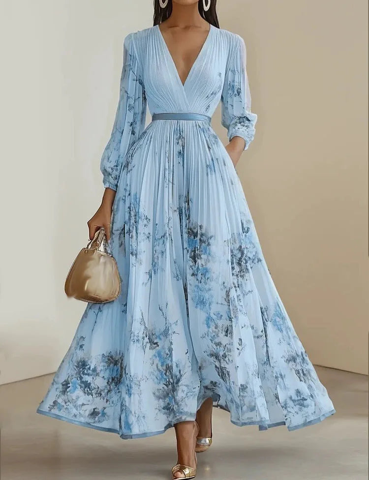 Elegant Print Dress For Women Fashion Long Sleeve V Neck High Waist Lace-up Loose Dresses Robe Femme Holiday Party Clothes New