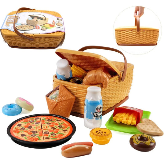Kids Play Kitchen Toys Set , Pretend Play Food Toys for Toddlers, Plastics Pizza Accessories with Basket, Gifts for Boys Girls