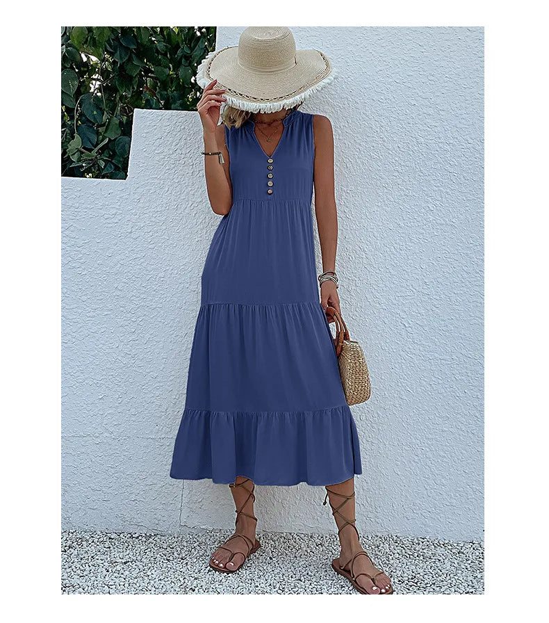 Dresses for Women 2025 Summer V-neck Single-breasted Vest Dress Sleeveless Loose Casual Solid Color Dress Vestidos De Mujer