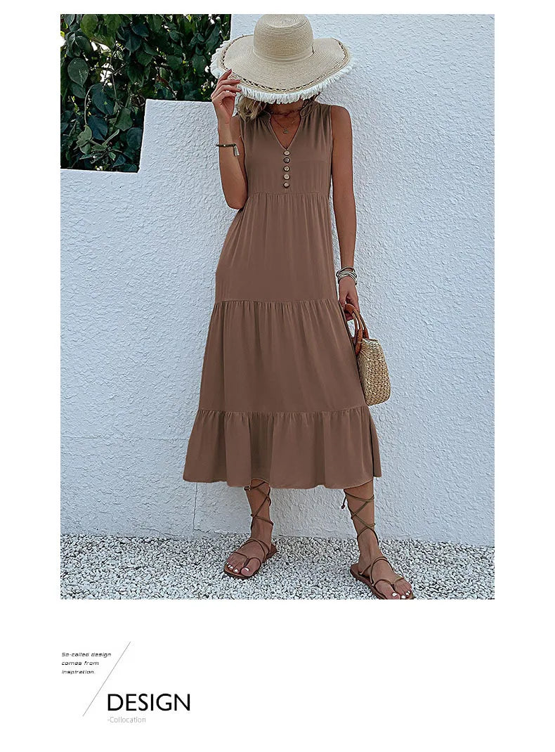 Dresses for Women 2025 Summer V-neck Single-breasted Vest Dress Sleeveless Loose Casual Solid Color Dress Vestidos De Mujer