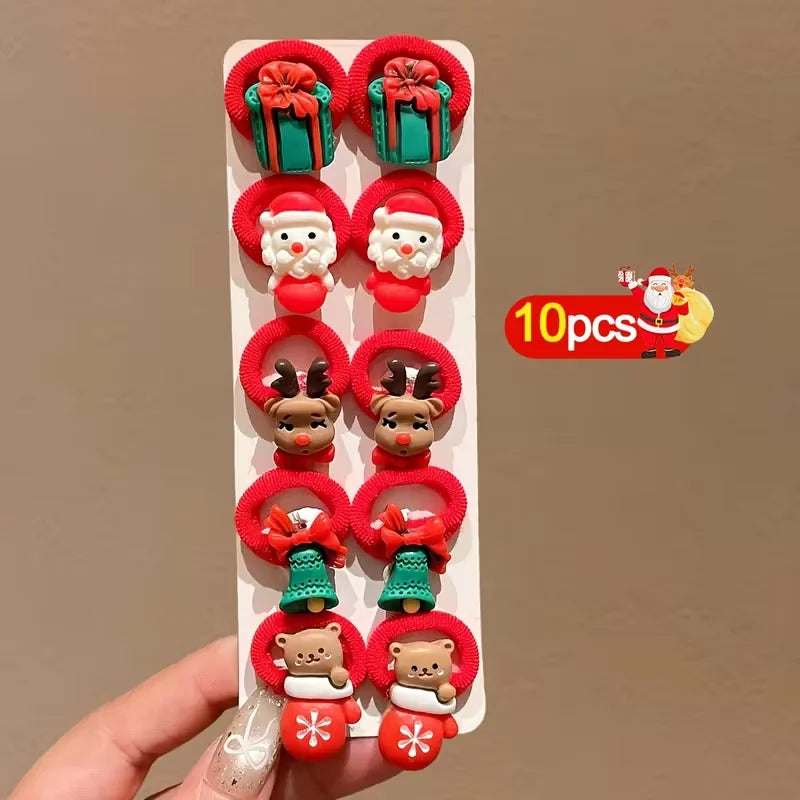 10Pcs/Set Kids Girls Christmas Hair Ties Cute Santa Claus & Reindeer Design Festive Hair Accessories Holiday Parties Decorations