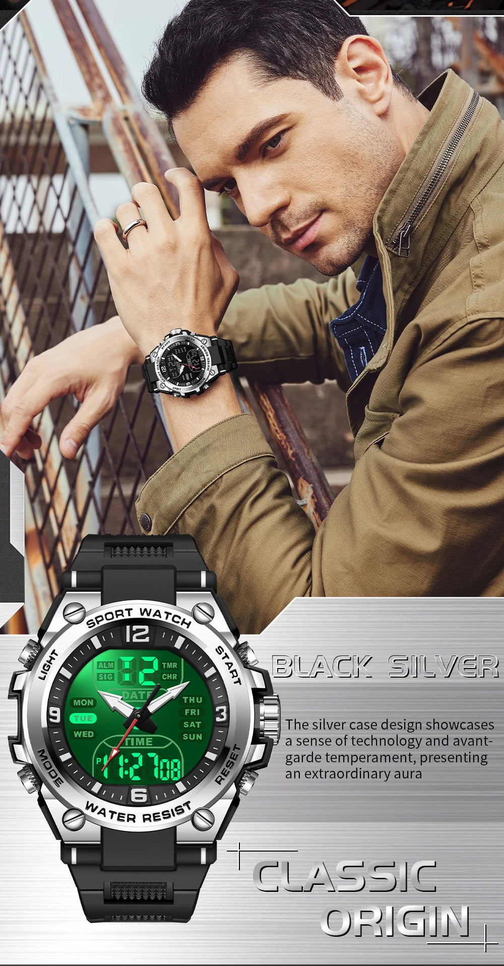 SANDA New Fashion Men Watch Multifunctional Outdoors Sports Waterproof Wristwatch LED Luminous Electronic Digital Men Watches