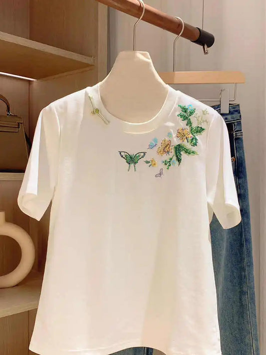 Pure Cotton Heavy Industry Embroidered Beaded Short-sleeved T-shirt for Women 2025 Summer New Loose Slim Fashion Top