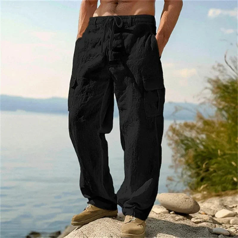 Men's Casual Trousers Loose Comfortable cargo pants Pants Man Cotton Linen multi-pocket Straight trousers Beach thin men Pants