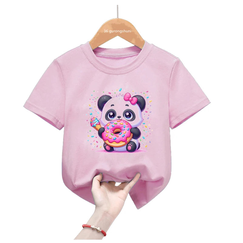 Rainbow Panda Birthday Gift Pink T Shirt Girls Harajuku Kawaii Kids Clothes Summer Fashion Tops Tee Shirt Funny T-Shirt