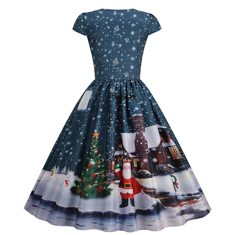 Christmas Dresses for Women Winter Pinup Rockabilly Sexy Cosplay Party Dress Santa Claus Snow Print Cocktail Prom Dress
