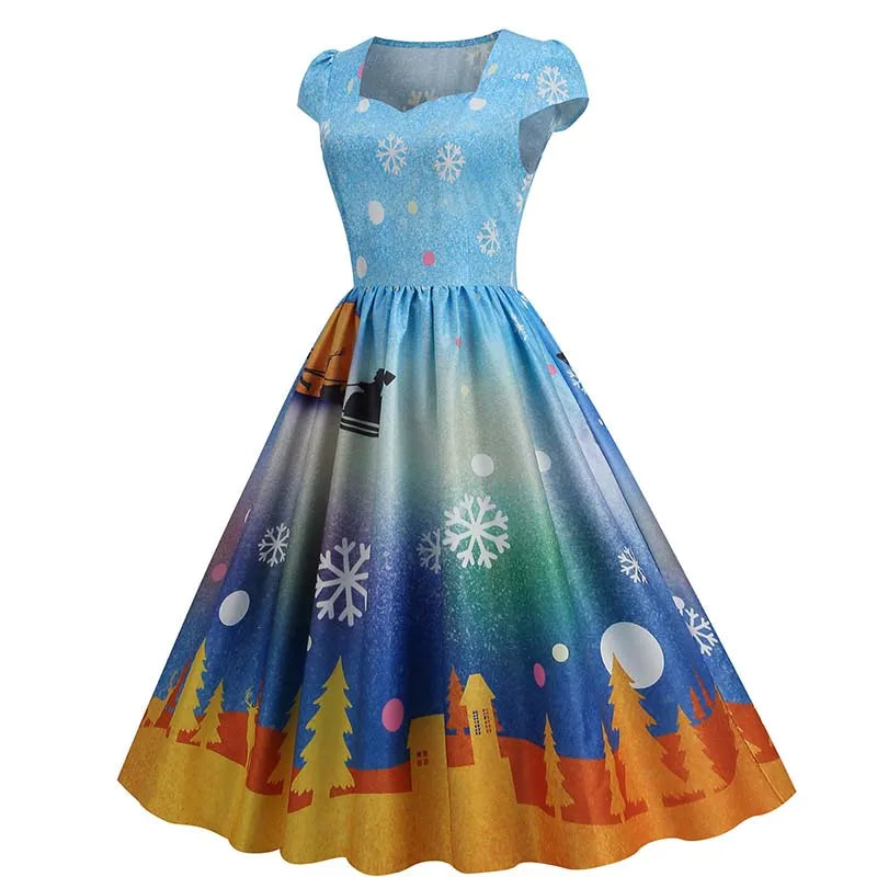 Christmas Dresses for Women Winter Pinup Rockabilly Sexy Cosplay Party Dress Santa Claus Snow Print Cocktail Prom Dress