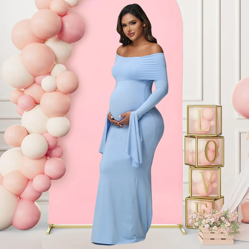 Women Maternity Dresses For Photoshoot Sexy Off Shoulder Long Sleeve Bodycon Pregnancy Baby Shower Maxi Gown