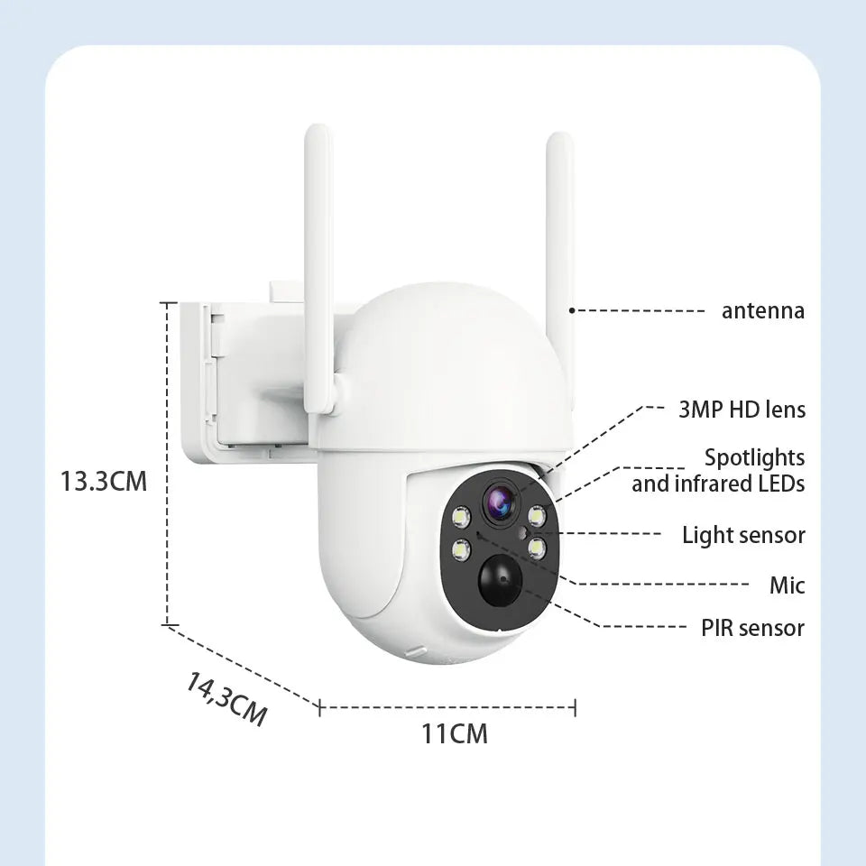 Solar Powered WiFi Security Camera Outdoor 3MP HD with Color Night Vision Two Way Audio Motion Detection & Pan - Tilt Control