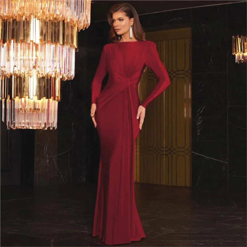 Women's Evening Dress Spring Summer New Fashion Slim Solid Color Casual Round Neck Long Sleeve Long Dress Elegant Party Dresses