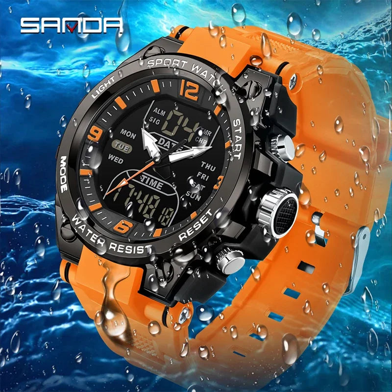 SANDA New Fashion Men Watch Multifunctional Outdoors Sports Waterproof Wristwatch LED Luminous Electronic Digital Men Watches