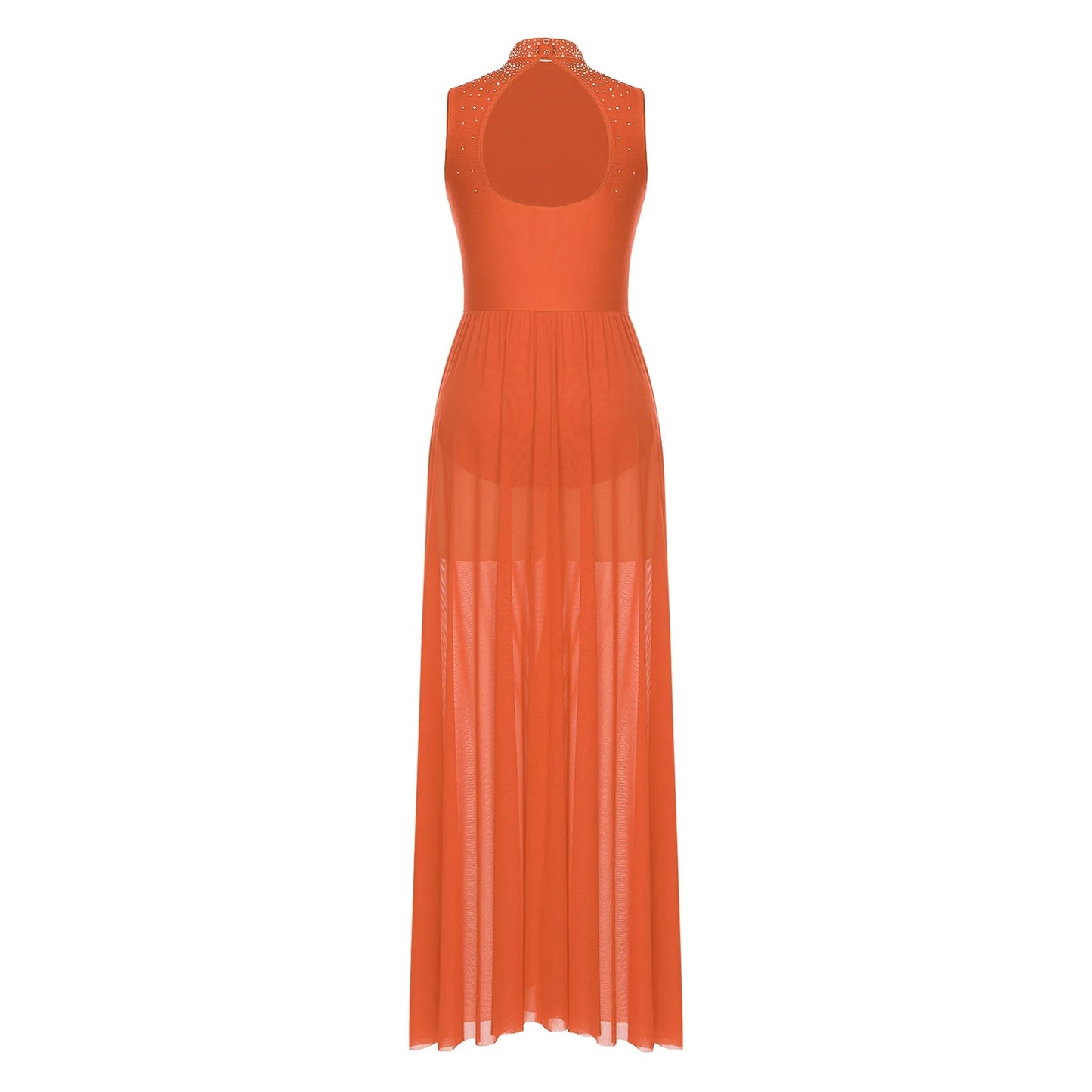 Womens Lyrical Dance Dresses Mock Neck Wide Hemline Shiny Rhinestones Maxi Dress Sleeveless Modern Contemporary Leotard Dresses