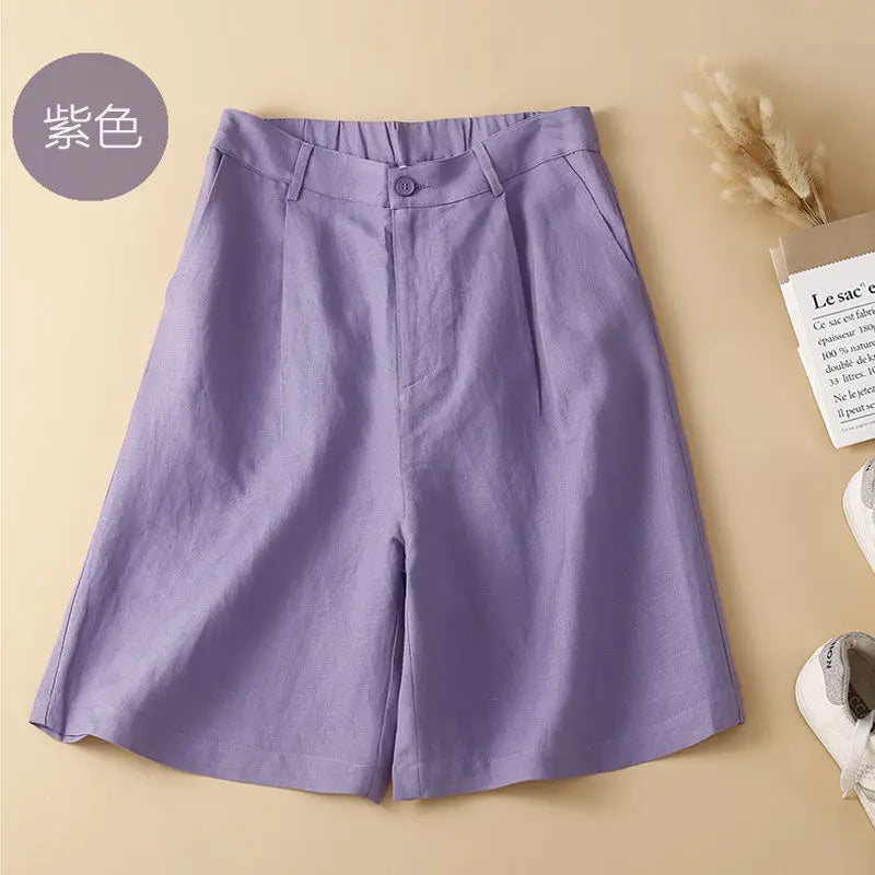 Women's Shorts Cotton Linen High Waisted Short Pants Casual Loose Solid Purple Button Summer Shorts for Women