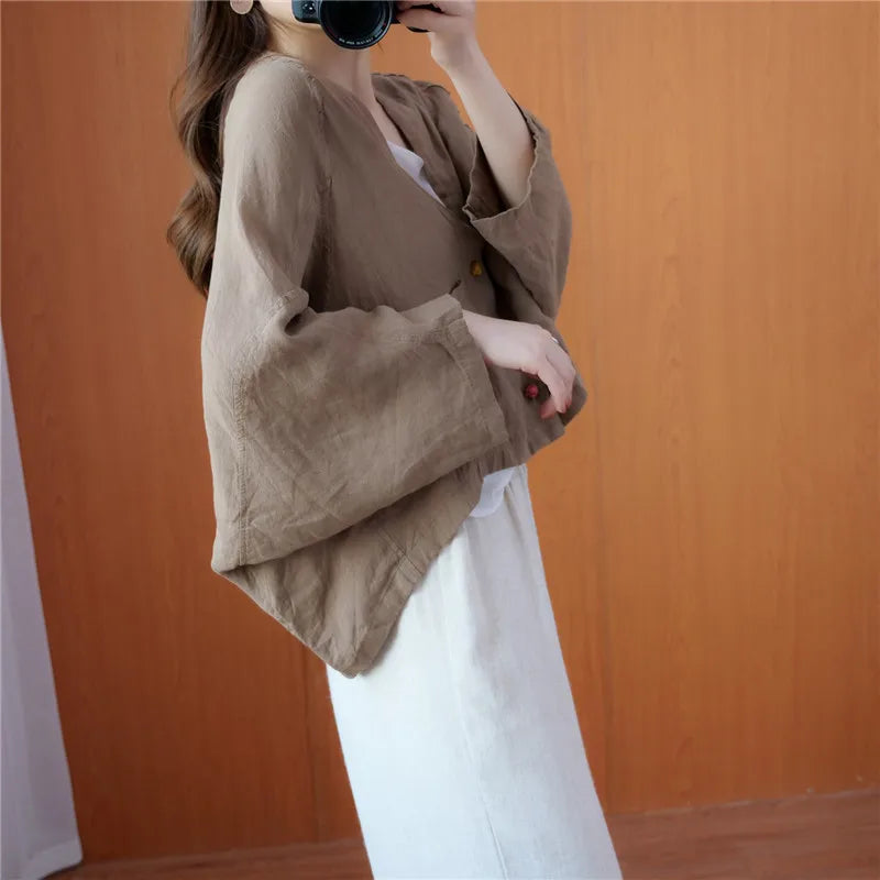 Women Long Sleeve Jackets New 2022 Autumn Vintage Style All-match Loose Comfortable Cotton Linen Female Casual Coats B2100