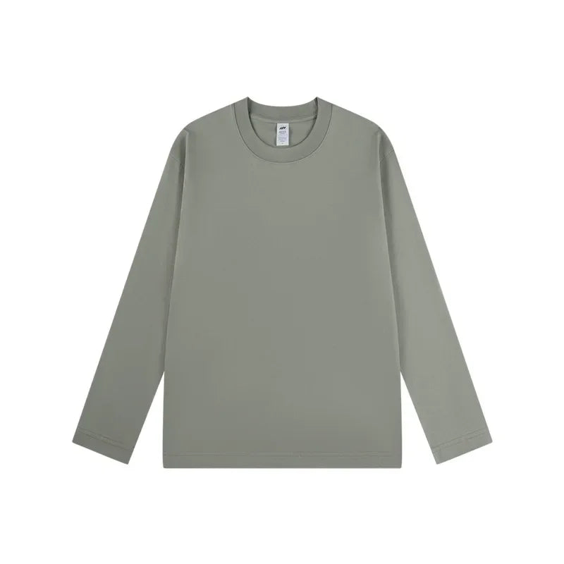 230G Men T Shirts Pure Combed Cotton Heavy Round Neck Solid Color Long-sleeved Men's T-shirt Loose Bottoming Shirt Tops For Male