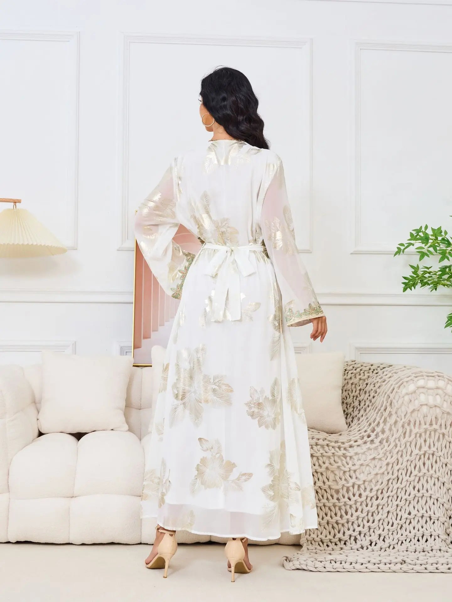 Eid Muslim Women Dress Gown Turkish Caftan Abaya Jalabiya Ramadan Party Dresses Morocco Kaftan V Neck Belt Embroidery Vestidos