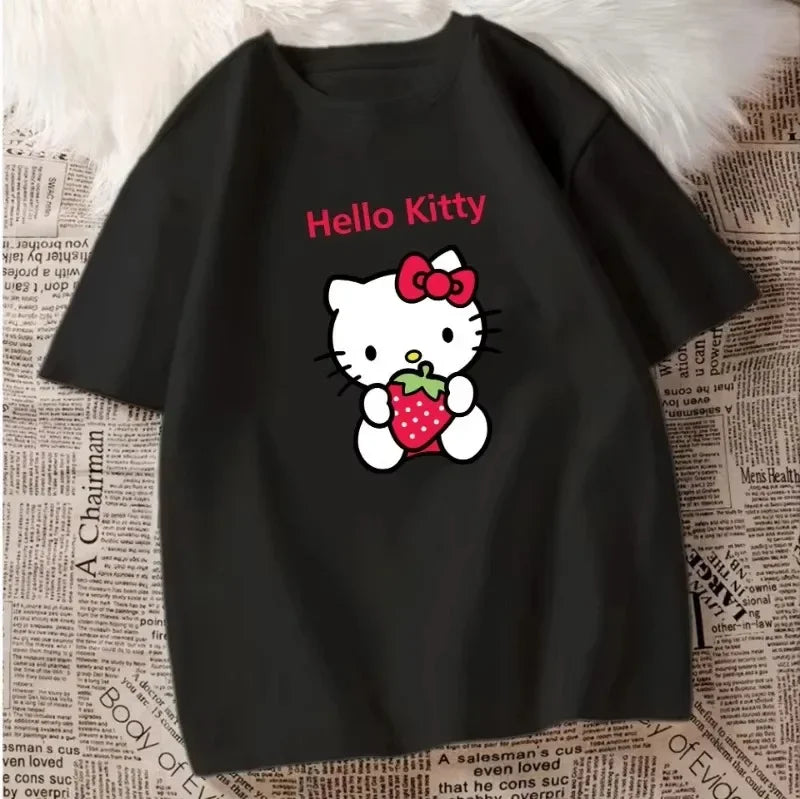 Hello Kitty Cotton T-shirt Women Men Couples Cute Printed Trend Tops Oversized Y2k Unisex Couples T-shirts Female Male Clthing