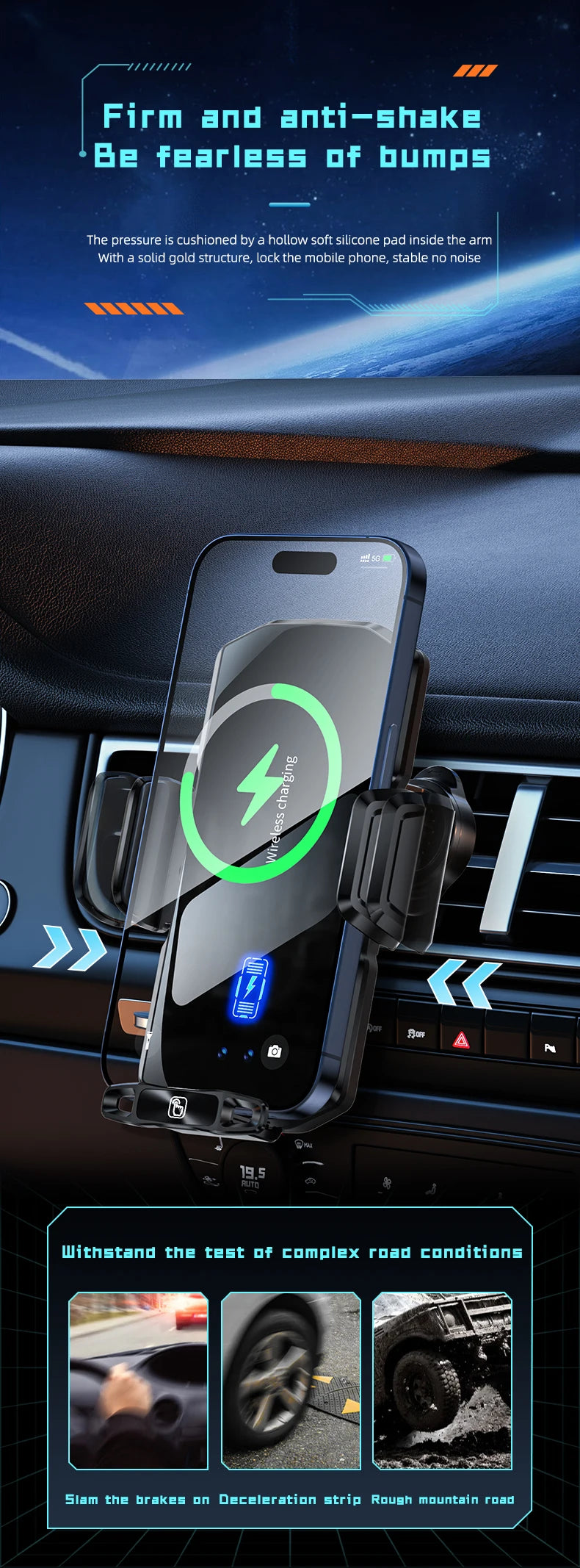 Wireless Car Phone Holder Stand 15W Fast Charge Touch Control Air Vent Phone Bracket Tempered Glass Panel for iPhone Android