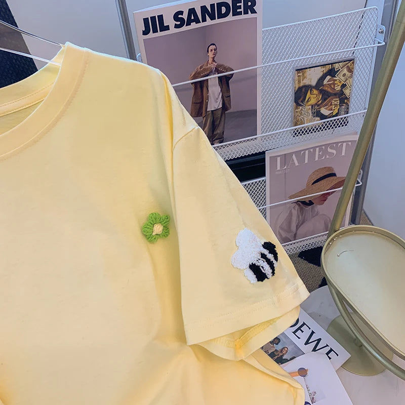 Pure Cotton Short Sleeved T-shirt Women's Summer 2024 Embroidered Flower Trend Round Neck New Top Oversized Women's Clothing