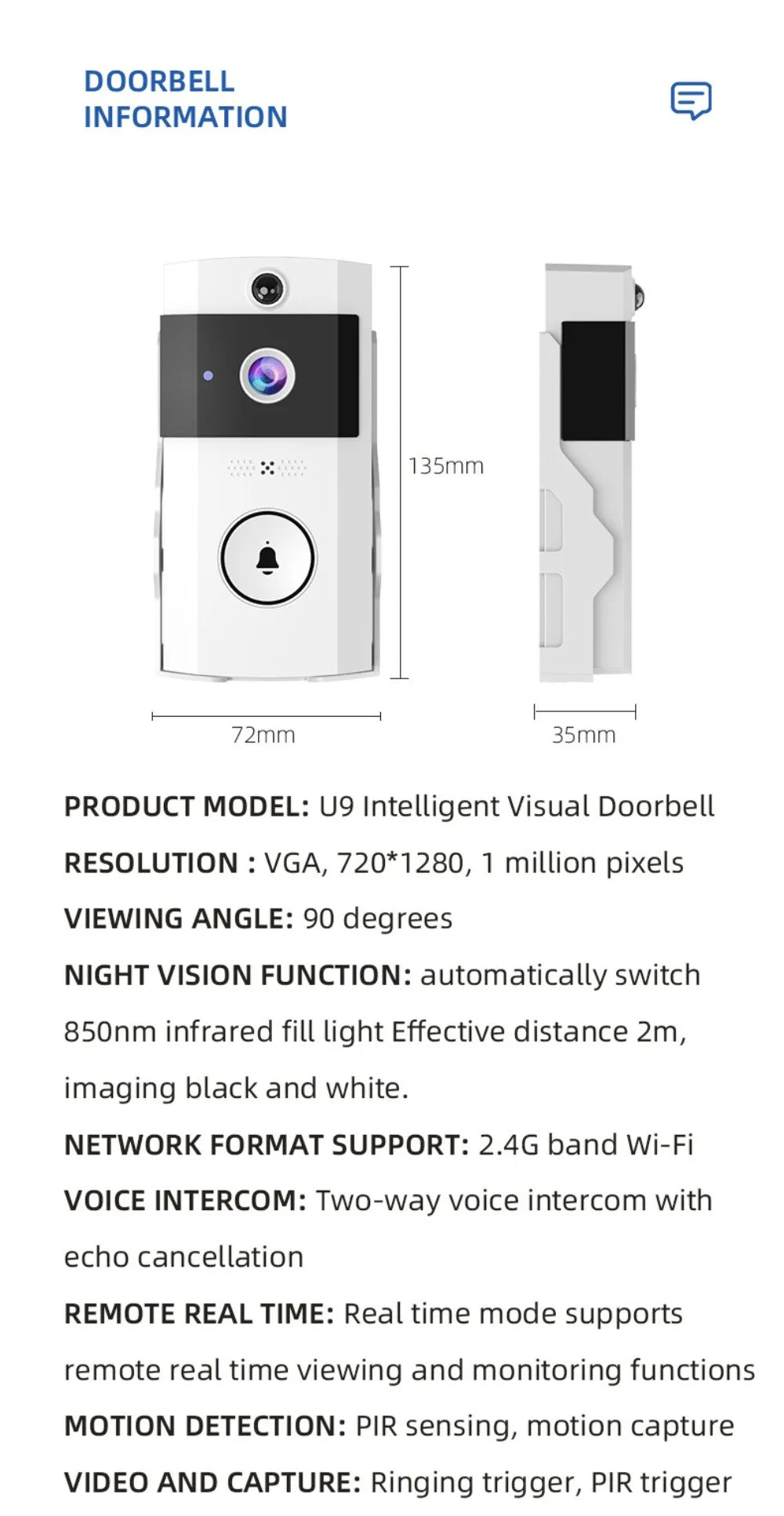 Waterproof Visual Intercom Doorbell Solar Power Wireless Front Door Camera HD Home Security Video Doorbell Outdoor Surveillance