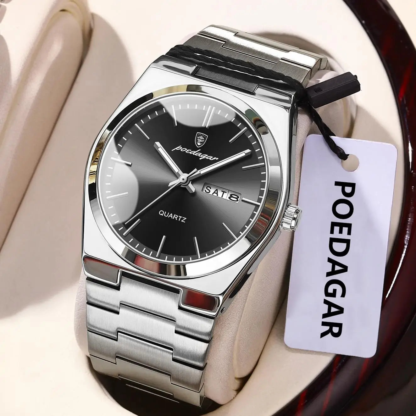 POEDAGAR Luxury Men Watch Stainless Steel Waterproof Luminous Man Wristwatch Date Week Fashion Casual Men's Watches Quartz Reloj