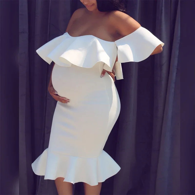 Maternity's Women Clothes Pregnancy Dresses Evening Solid Ruffles Off The Shoulder Maternity Dress Photography Summer Clothing