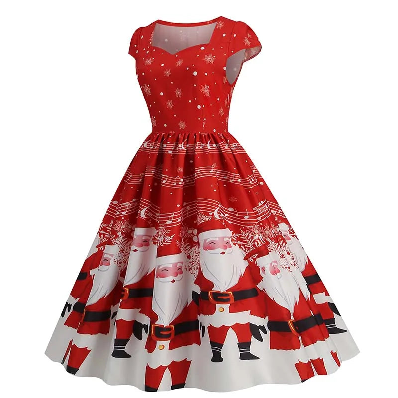 Christmas Dresses for Women Winter Pinup Rockabilly Sexy Cosplay Party Dress Santa Claus Snow Print Cocktail Prom Dress