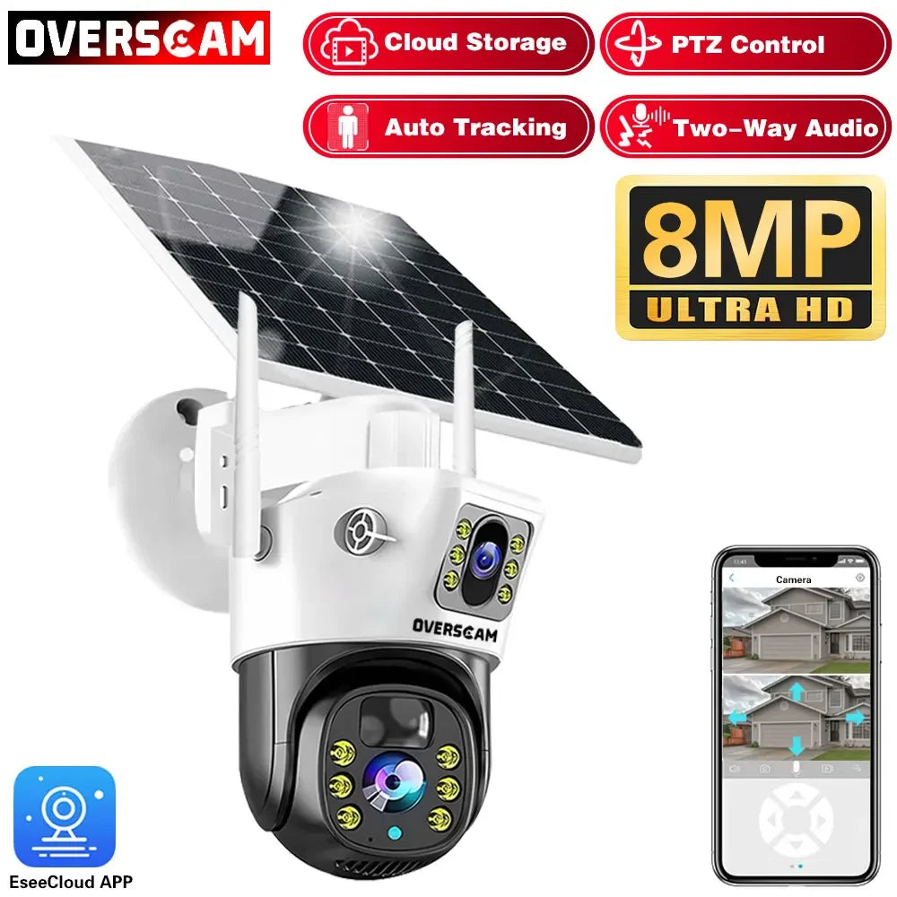 Solar Security Camera 4K 8MP Wireless PTZ Outdoor 360° Coverage 2-Way Audio Human Detection Night Vision 256GB WiFi/IP PIR Alarm