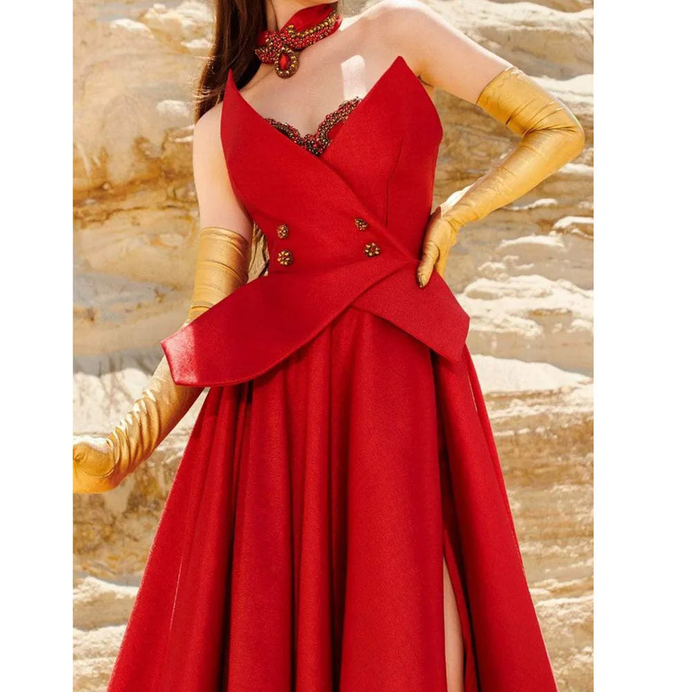 Formal Red Evening Dresses For Women Chic Sleeveless Pleat Beading Draped Gowns Luxury Floor Special Occasion Long Dress Vestido