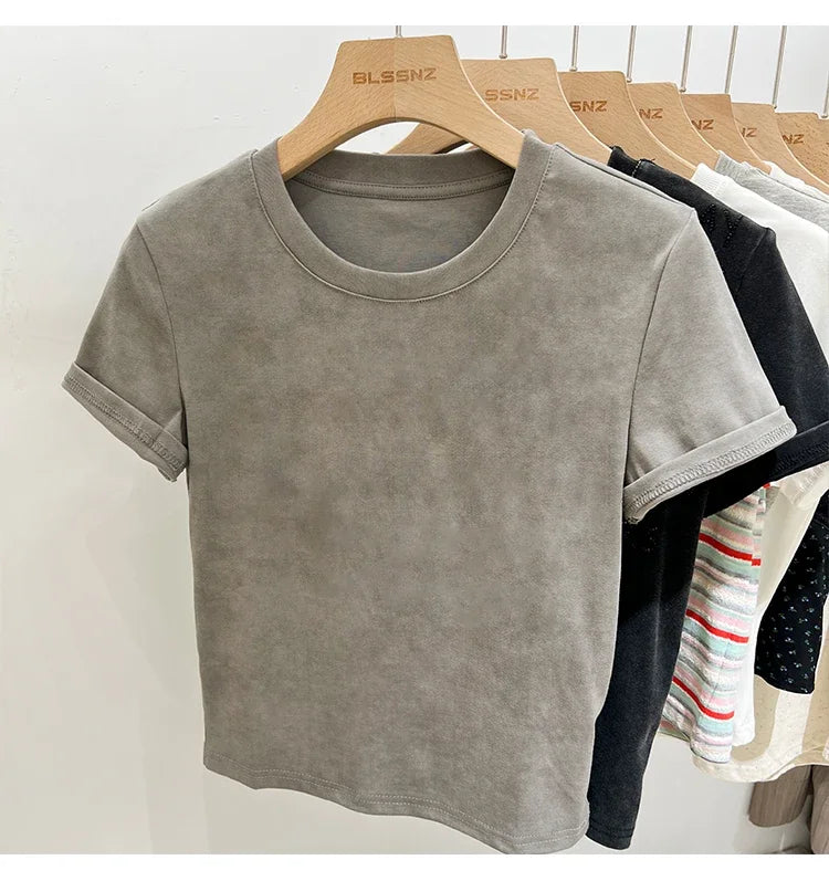 Women's Cotton T-shirt Female Summer 2025 Short Sleeve Washed Vintage Tee Harajuku Casual O-Neck Simple Slim Fit T Shirts