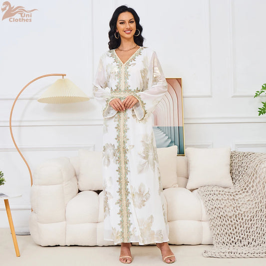 Eid Muslim Women Dress Gown Turkish Caftan Abaya Jalabiya Ramadan Party Dresses Morocco Kaftan V Neck Belt Embroidery Vestidos