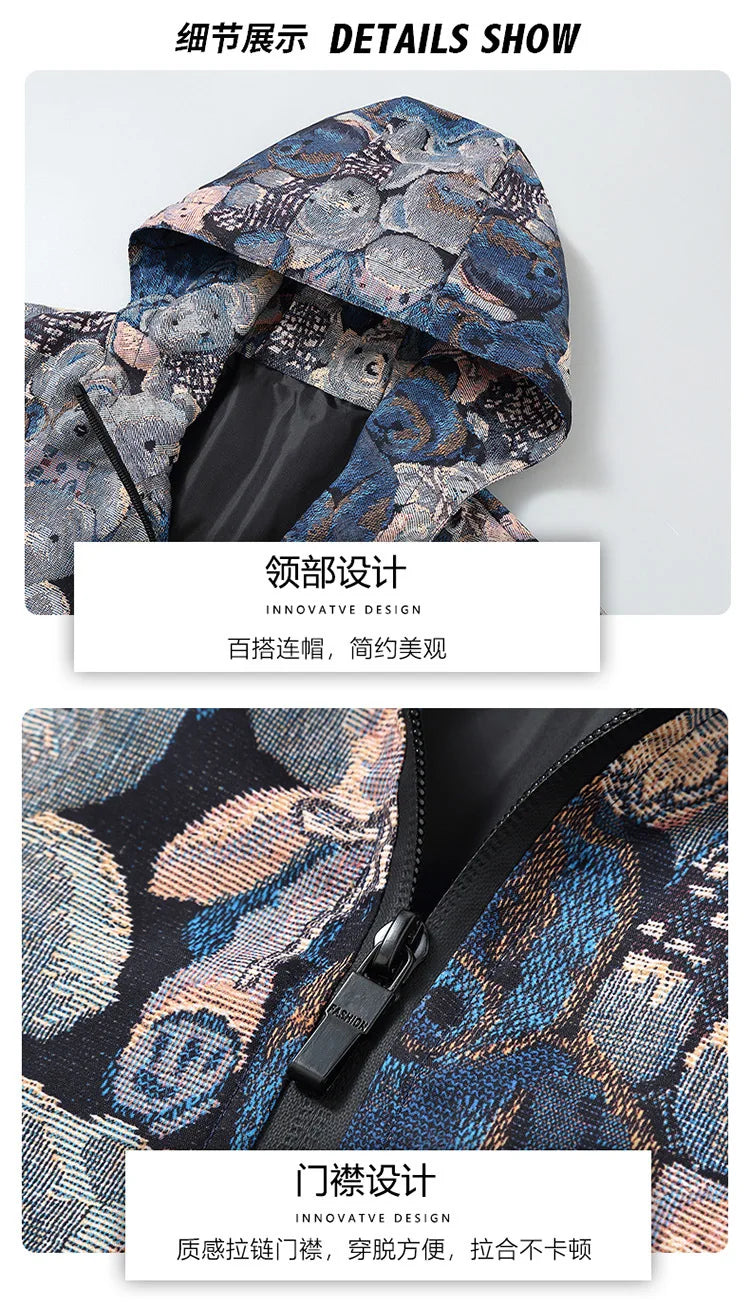 Vintage flower bear pattern Patchwork Windbreaker Men Jackets Autumn Hip Hop Streetwear Zip Up Casual Outerwear Jackets Clothes