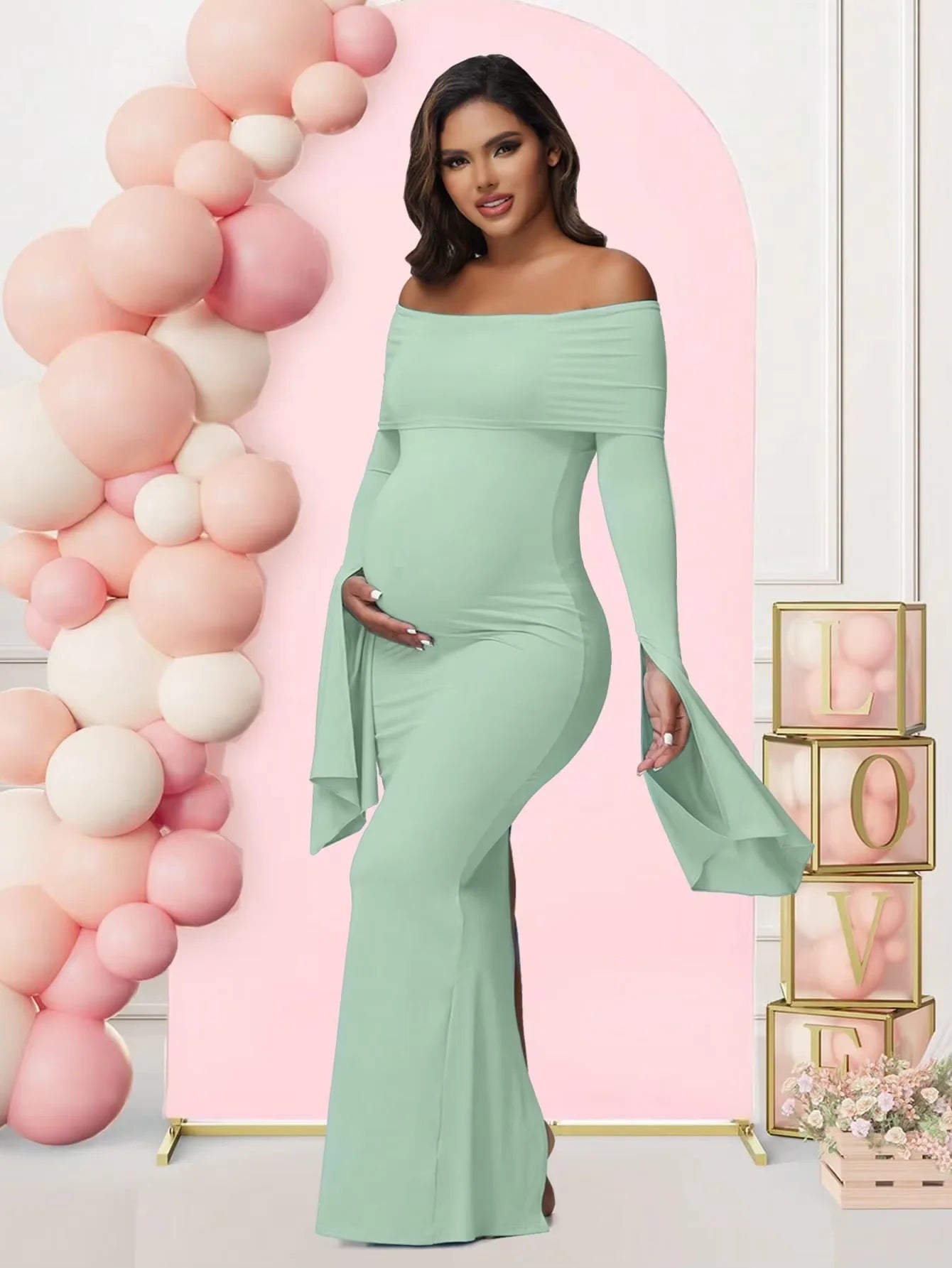 Women Maternity Dresses For Photoshoot Sexy Off Shoulder Long Sleeve Bodycon Pregnancy Baby Shower Maxi Gown