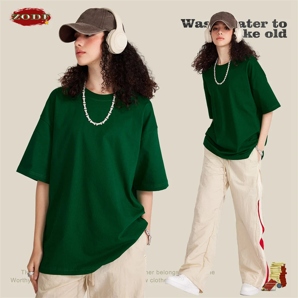 ZODF Trendy Summer 260gsm Cotton Oversized T Shirts For Men Unisex Male Kanye West High Street Solid Tees Brand Tops HY0122