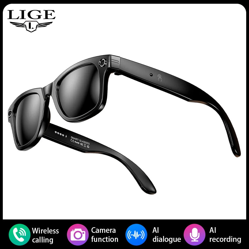 LIGE AI Smart Glasses with Camera Sunglasses 100W Camera Video Recorder Wireless Bluetooth Call Anti-blue Glasses for Man Women
