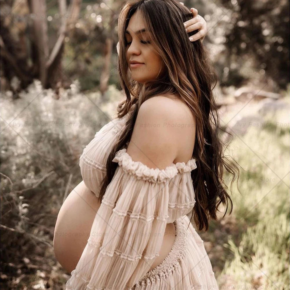 Maternity Dresses For Photo Shoot Women Off Shoulder Short Top Pleated Chiffon Long Sleeved Bohemian Dress Boho Style Dress