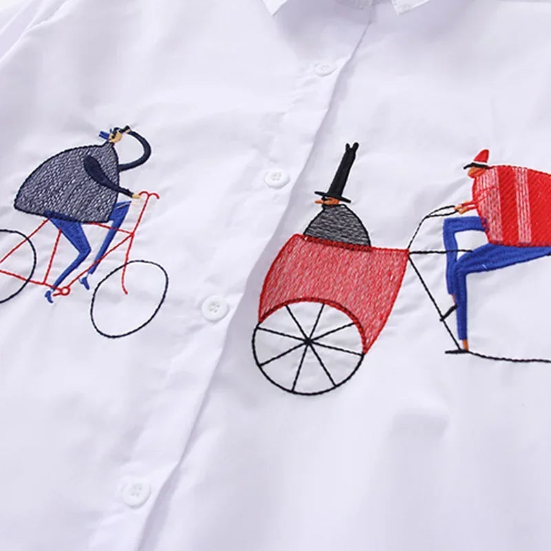 White Women Shirt Long Sleeve Cotton Blouse Office Lady Elegant Embroidery Casual Tops Turn Down Collar Clothing