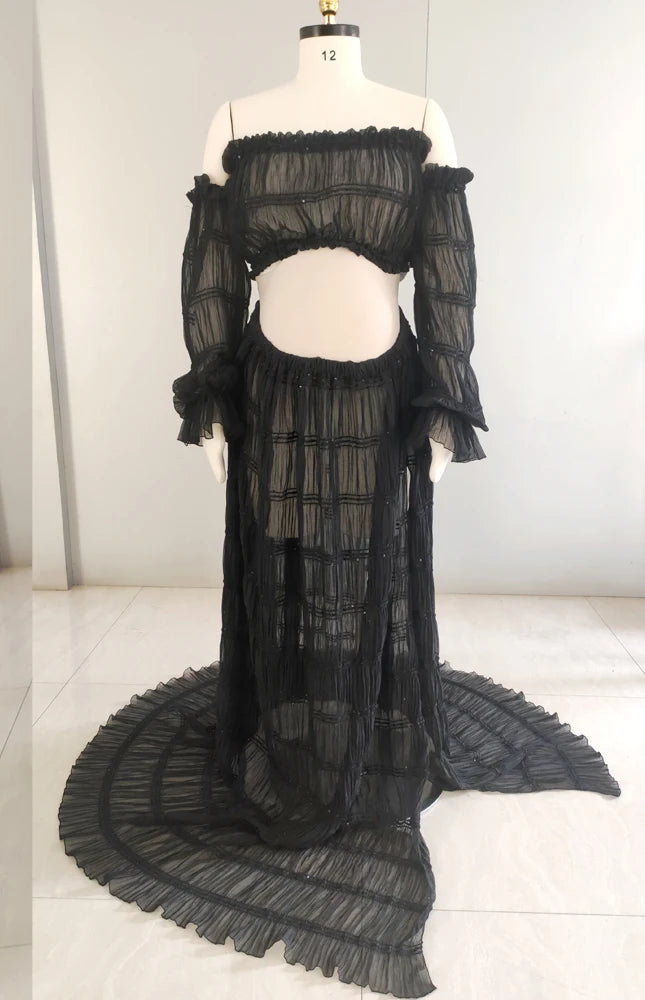 Maternity Dresses For Photo Shoot Women Off Shoulder Short Top Pleated Chiffon Long Sleeved Bohemian Dress Boho Style Dress
