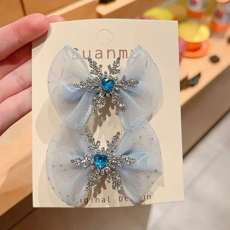 Kids Hair Accessories Set 2PCS Princess Snowflake Clips Hair Ties All Cover Fabric Blue Rhinestone Side Clips for Girls