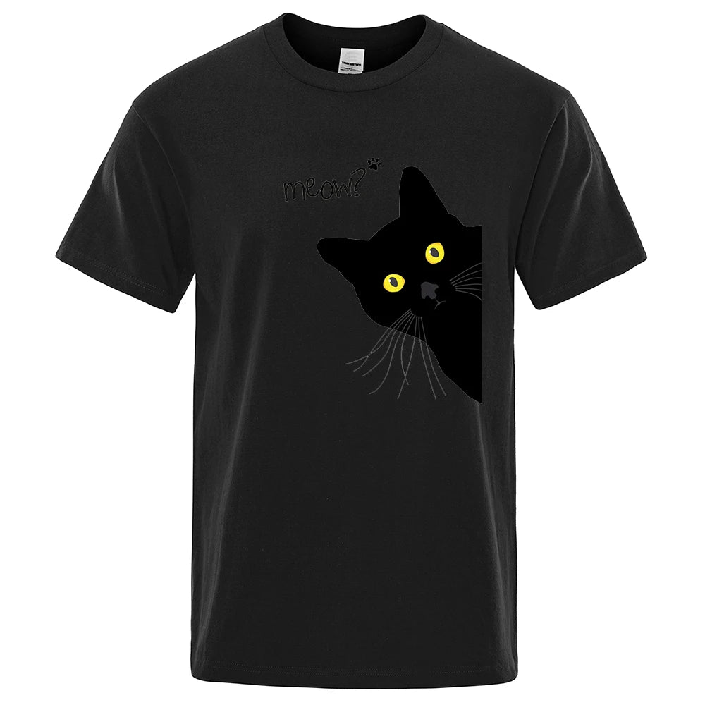 Meow Black Cat Funny Printing Men T-Shirts Breathable Tee Clothes Summer Streetwear Tops Unisex Loose Cotton Short Sleeve