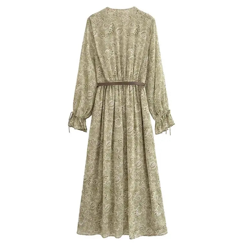 Dresses Women's 2025 New Spring Chiffon Print V-neck Chic Slim Long Dress Fashion Elegant Holiday Street Women's Dress