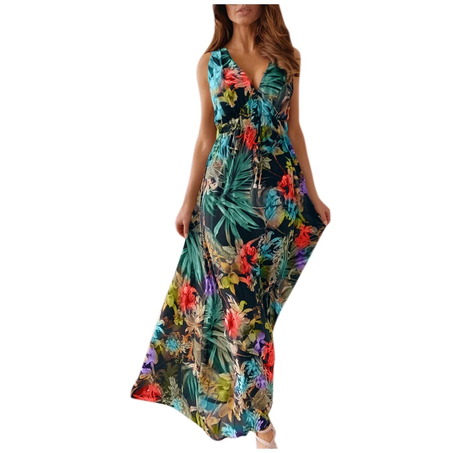 dresses for women Summer dress Casual Print Bandage Elastic Waist V-Neck Sleeveless sexy long Dresses vestidos verano moda 2024