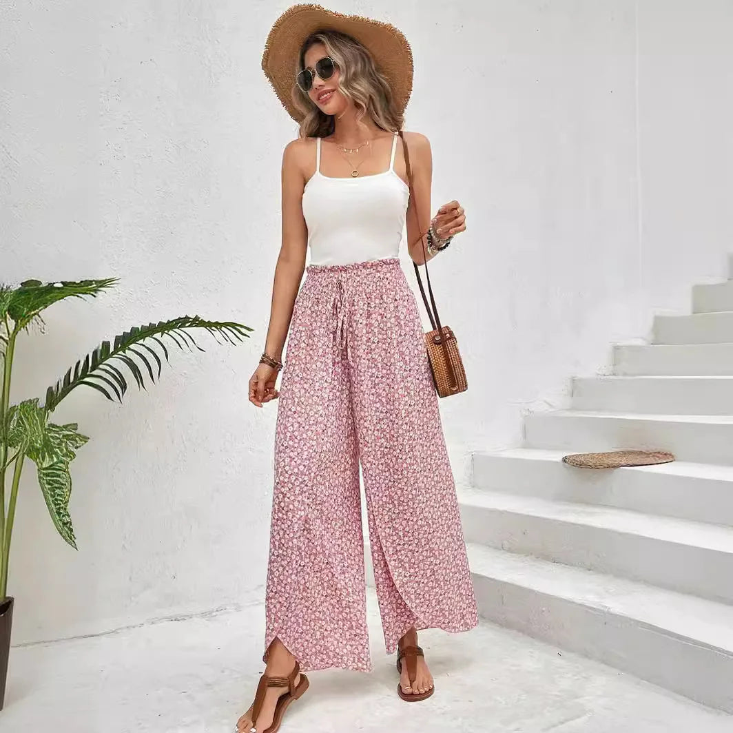 Women's Pants 2025 Summer New Fashion Floral Side Wide Leg Skirt Pants Calça Feminina Pantalon Mujer Pantaloni Lange Hosen