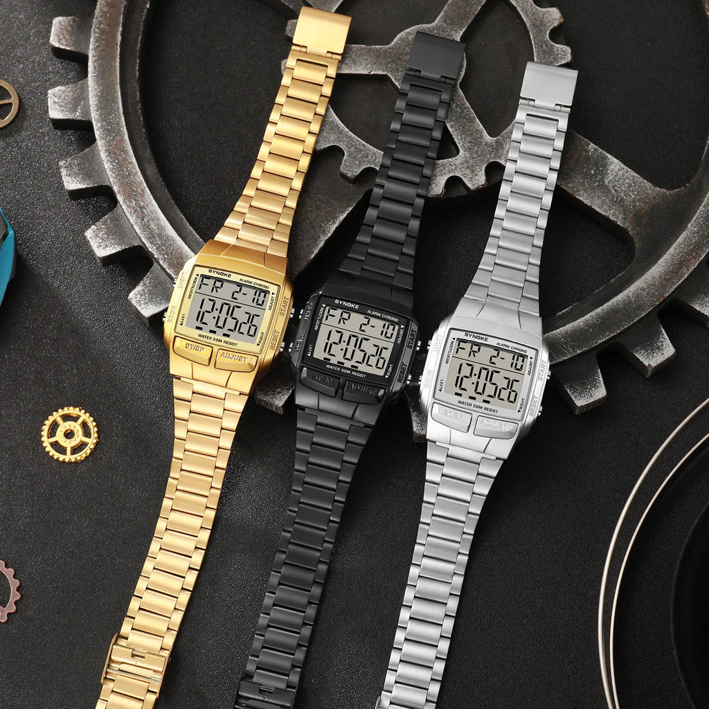 Mens Sports Digital Waterproof Watch, Multifunctional Wrist Watches For Men, Plastic Case Alloy Strap