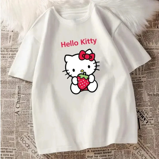 Hello Kitty Cotton T-shirt Women Men Couples Cute Printed Trend Tops Oversized Y2k Unisex Couples T-shirts Female Male Clthing