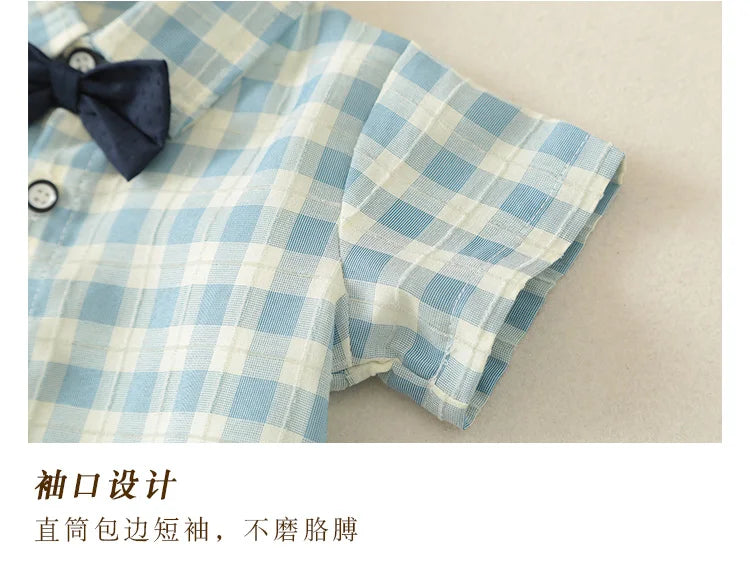 Boy Suit Summer Newborn Baby Clothes Summer Gentleman Children's Dress Lattice Shirt Strap Short+socks 3-piece Suit.