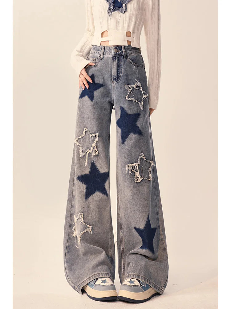 Women's Jeans American Vintage Star Embroidery Casual Denim Trousers Y2K Design Sense Denim High Street Loose Straight Leg Pants