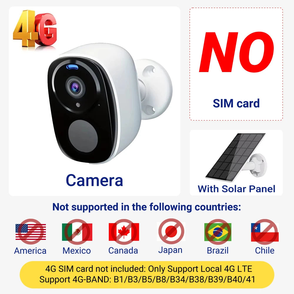 2K 5MP 4G Solar Security Camera Wireless Outdoor Color Night Vision PIR Motion Waterproof Solar/Battery Powered No WiFi Needed